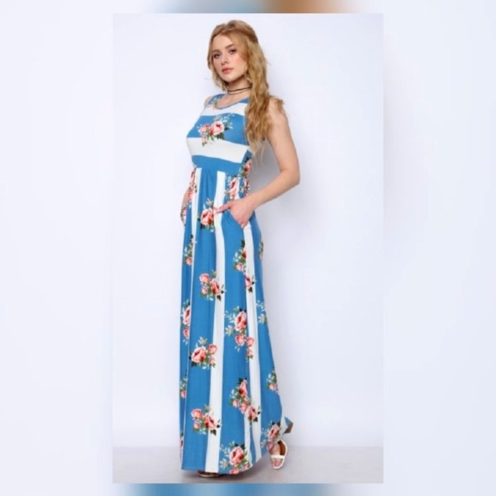 BLUE AND WHITE STRIPED FLORAL MOTIF MAXI DRESS